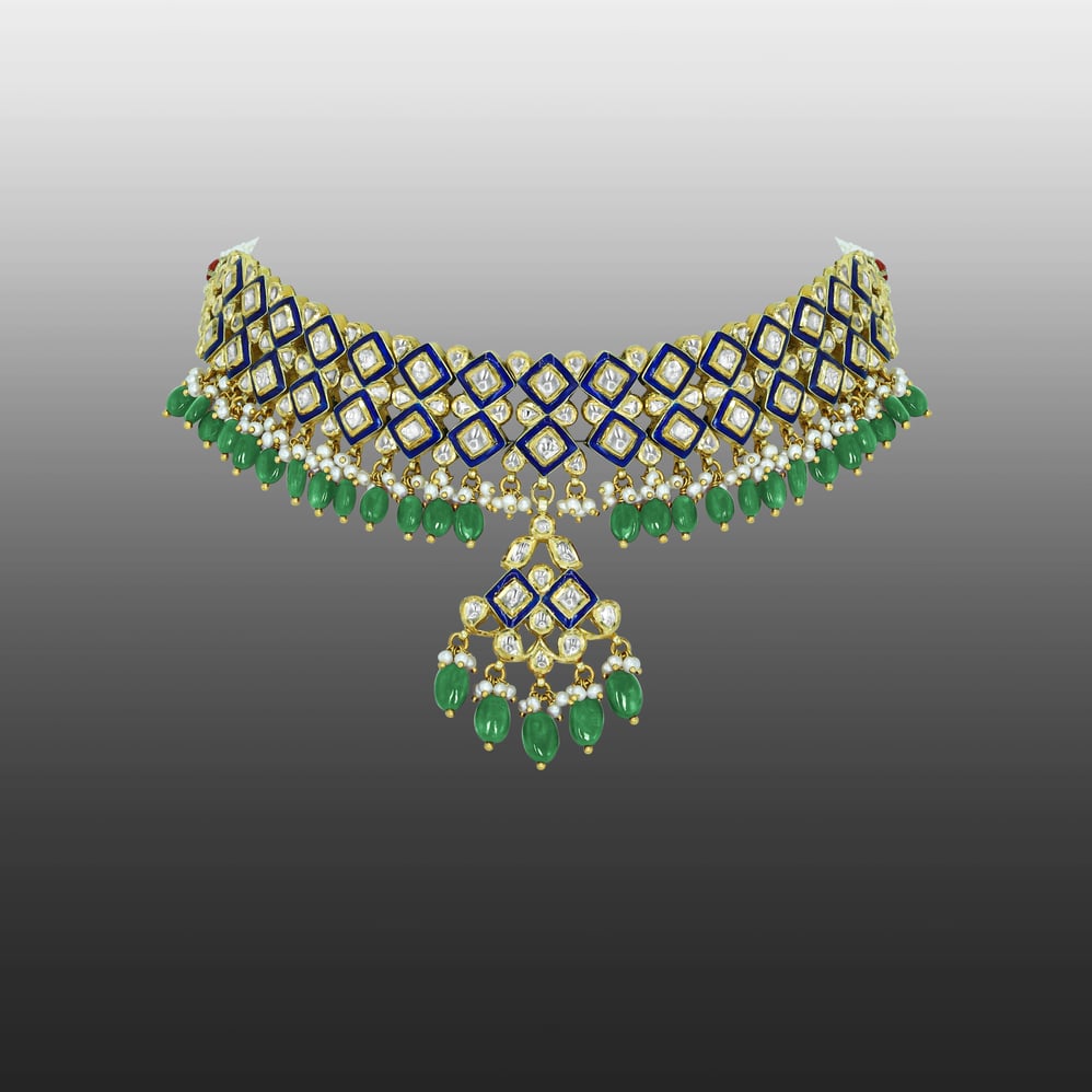 Blue Enamel Polki Choker with Emerald Maniyas and Pearl Clusters